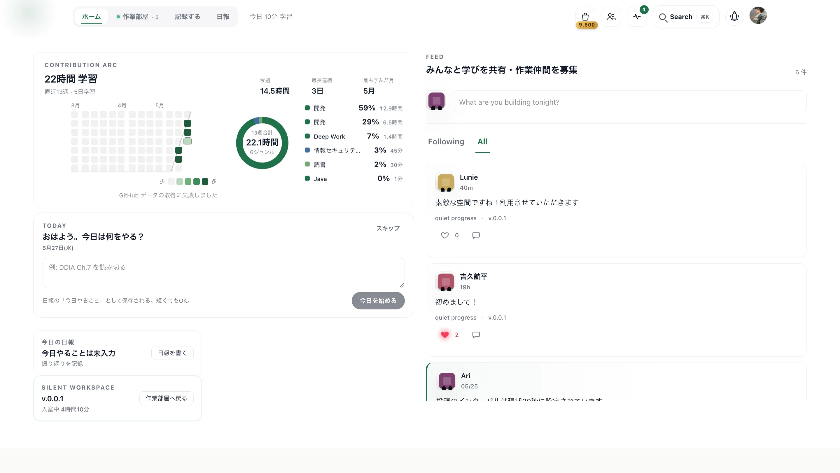 Contribution Arc のホーム画面。学習時間とGitHubの積み重ねが一画面に並んでいる。